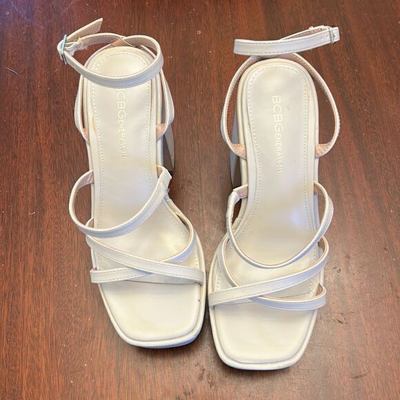 BCBGeneration sand strappy ankle wrap block heel open toed sandals Size 6 NWOT - Picture 1 of 10